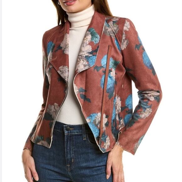Elie Tahari | Faux Suede Floral Printed Drape Front Zip Jacket Pockets Brown S - Picture 1 of 10